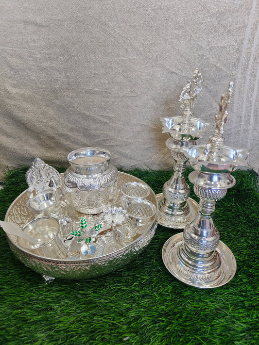 Complete Pooja Set with Leaf Motif Tray